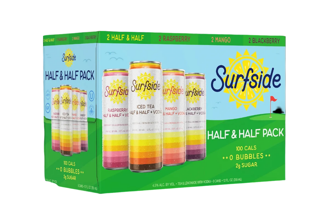 304 Liquor Surfside Vodka Half & Half 8 pack variety box featuring colorful cans of iced tea and lemonade vodka