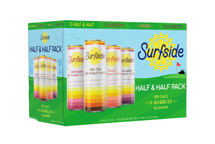 304 Liquor Surfside Vodka Half & Half 8 pack variety box featuring colorful cans of iced tea and lemonade vodka