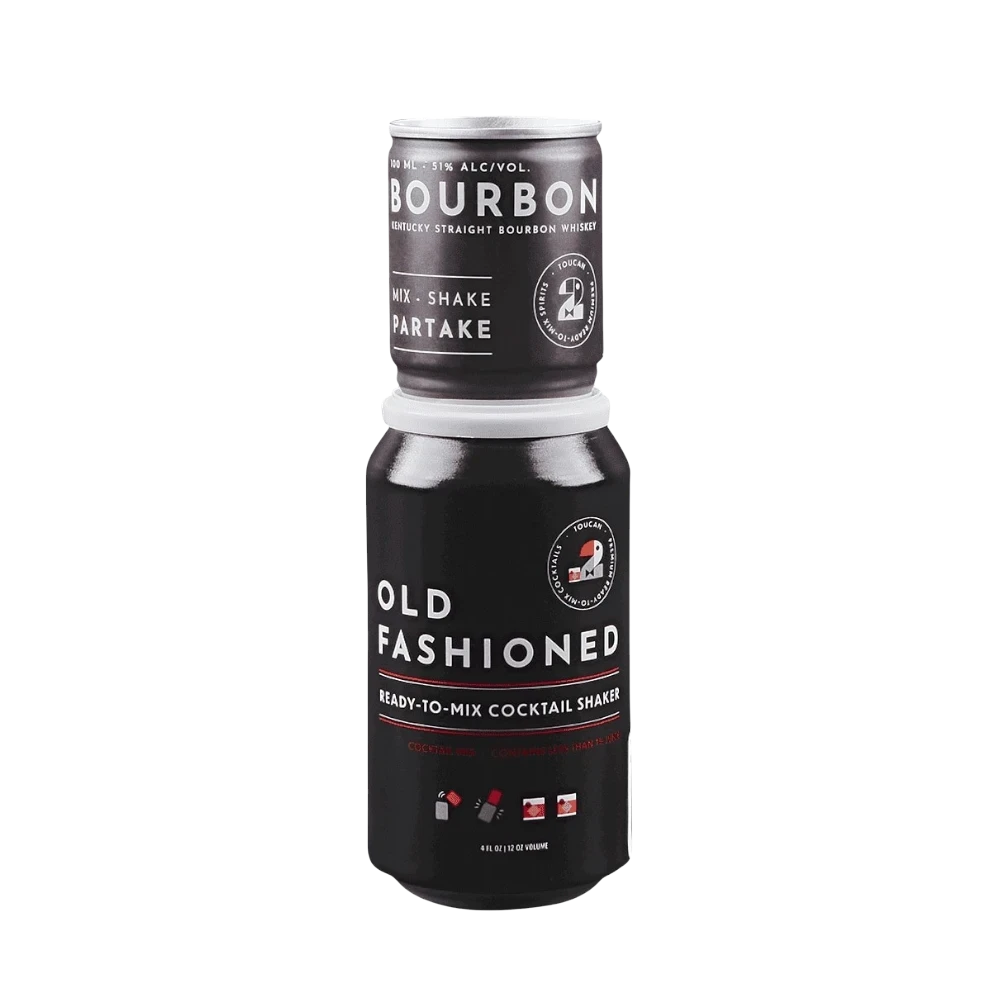 304 Liquor Toucan Old Fashioned ready-to-mix cocktail shaker with Kentucky straight bourbon in a two-can format.