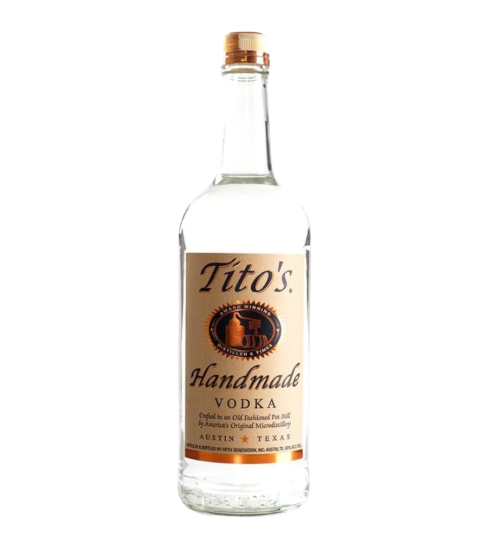 Front view of Tito's Handmade Vodka bottle with a clear body and brown label on a white background