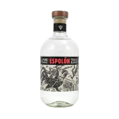 Front view of Espolon Tequila Blanco bottle with a wooden cap and colorful label design.