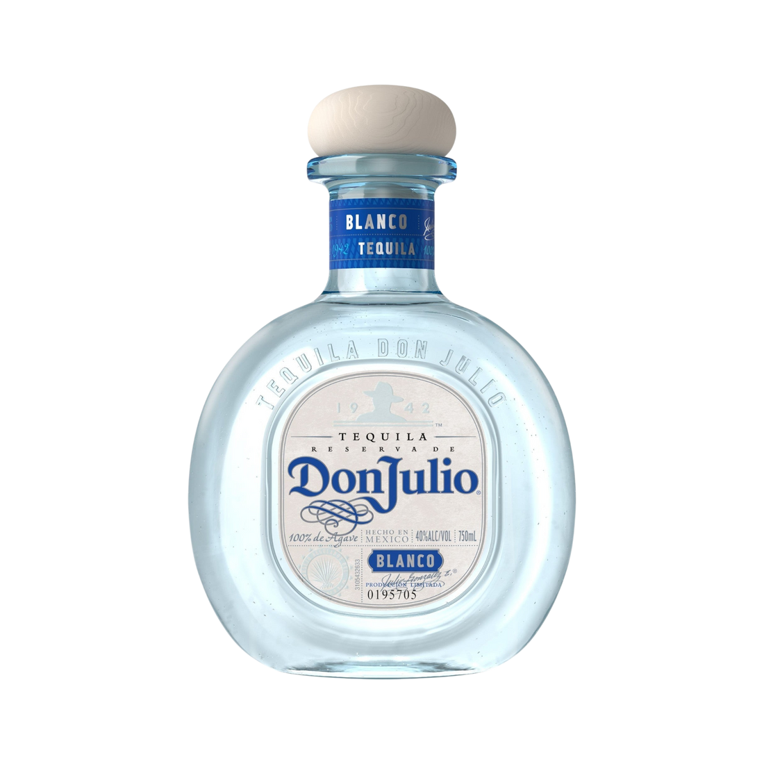 Front view of clear tequila bottle with cork closure and label design on a white background
