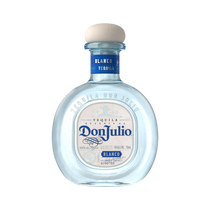 Front view of clear tequila bottle with cork closure and label design on a white background