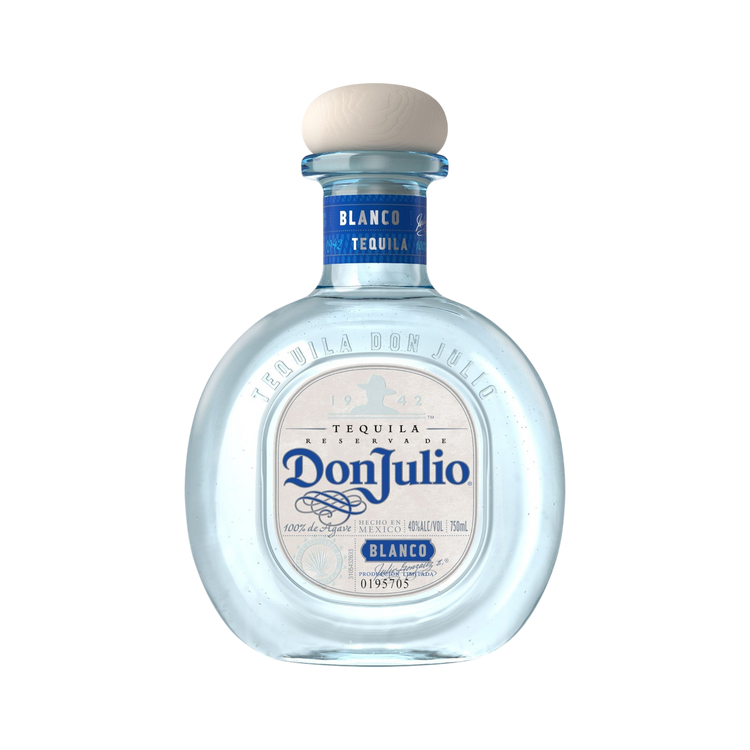 Front view of clear tequila bottle with cork closure and label design on a white background