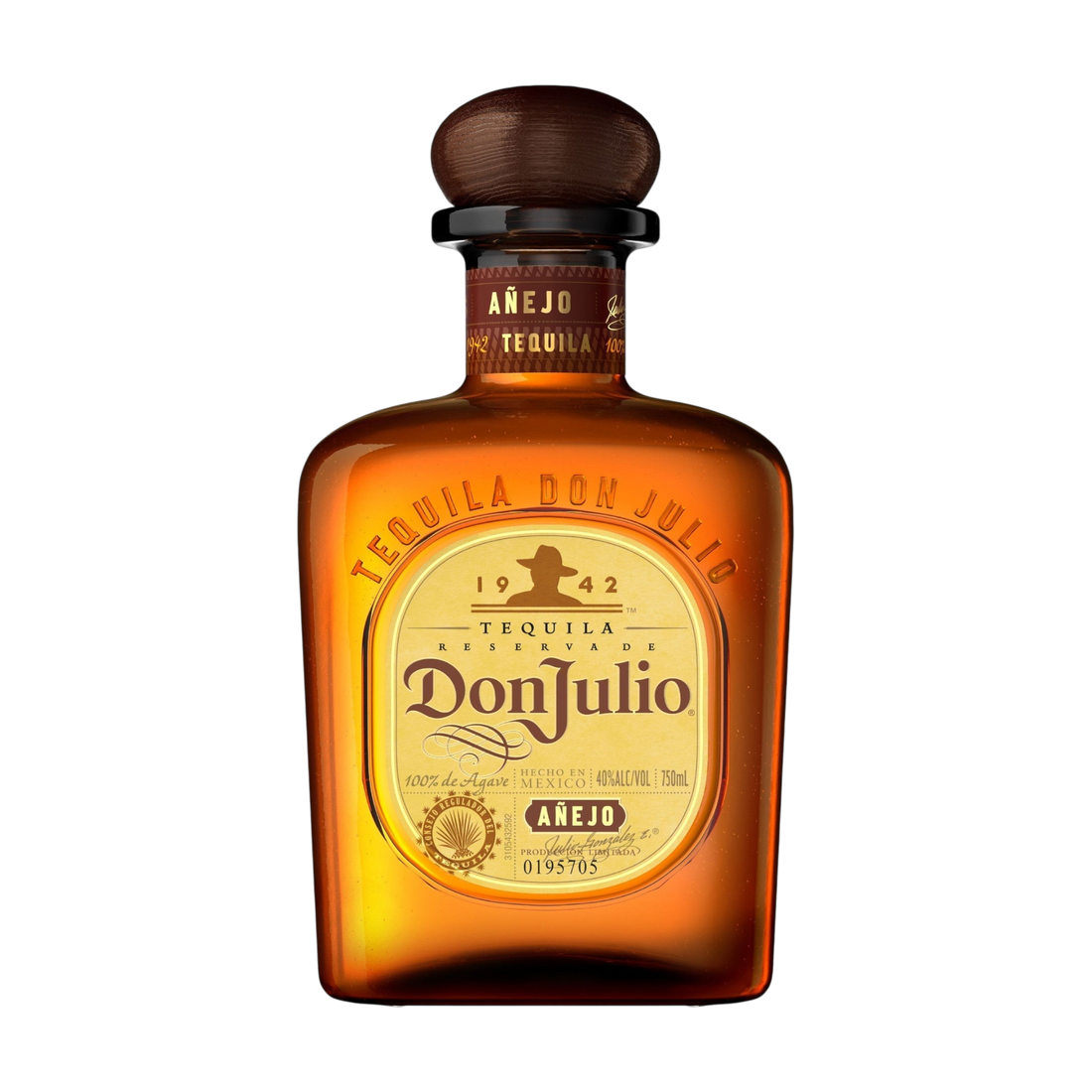 Front view of Don Julio Anejo Tequila bottle with amber color and wooden cap