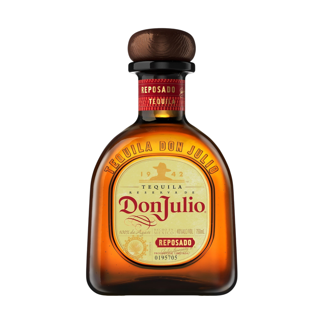 Front view of Don Julio Reposado Tequila bottle with a curved shape and cork stopper