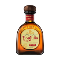 Front view of Don Julio Reposado Tequila bottle with a curved shape and cork stopper