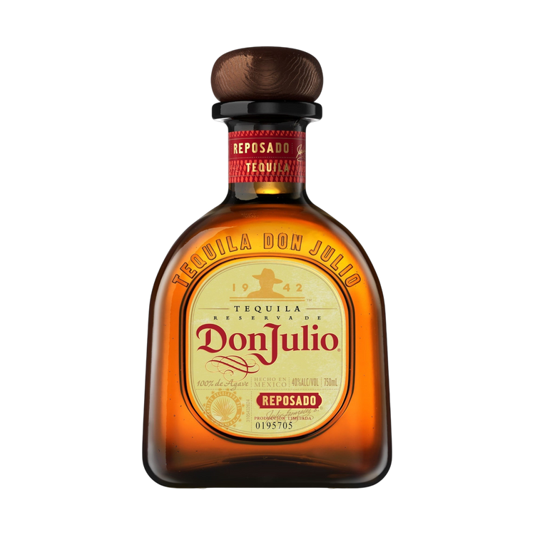 Front view of Don Julio Reposado Tequila bottle with a curved shape and cork stopper
