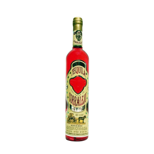 Front view of Corralejo Anejo Tequila bottle with decorative label and gold cap