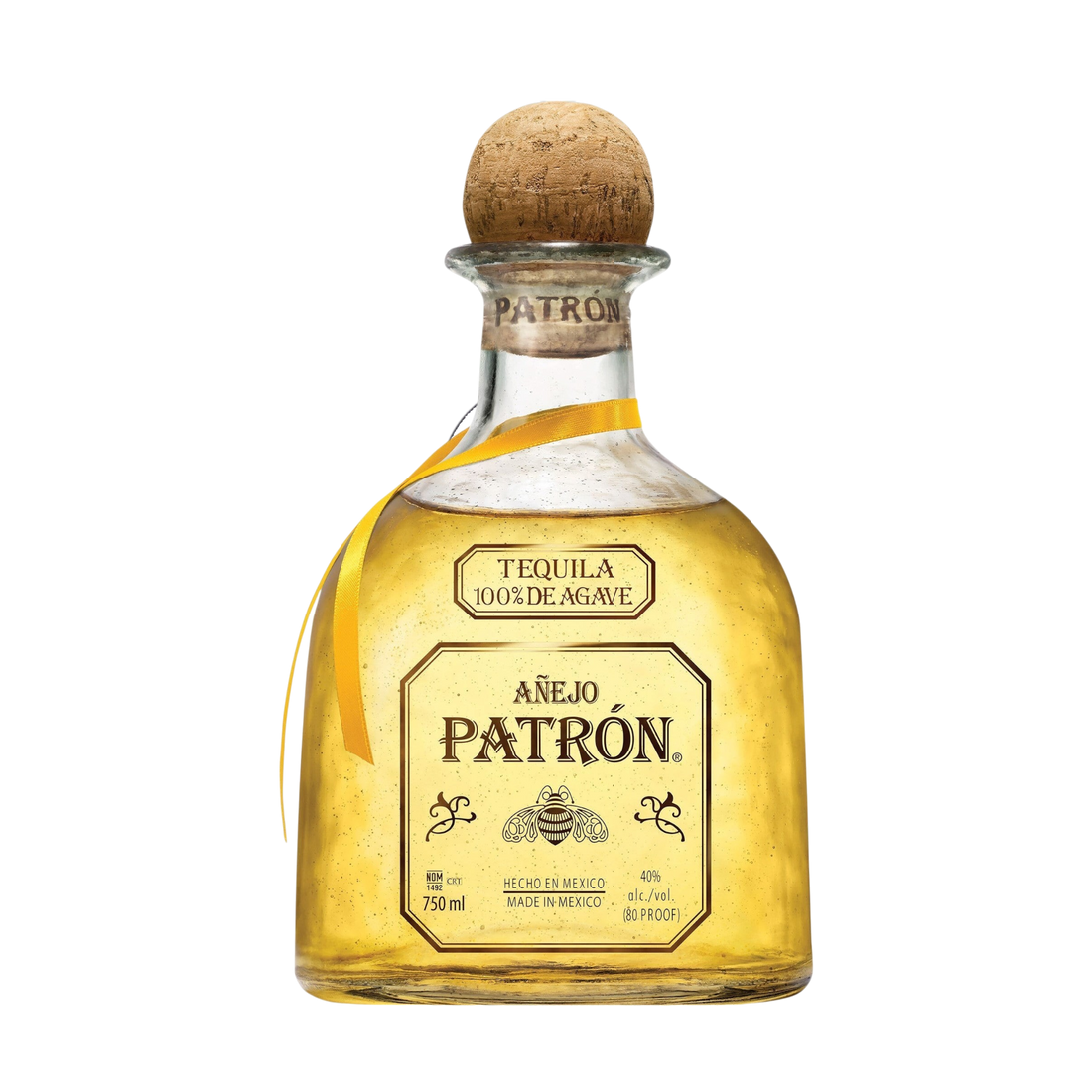 Detail shot of the Patrón Anejo tequila bottle with a cork stopper and gold label on a white background