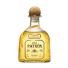 Detail shot of the Patrón Anejo tequila bottle with a cork stopper and gold label on a white background