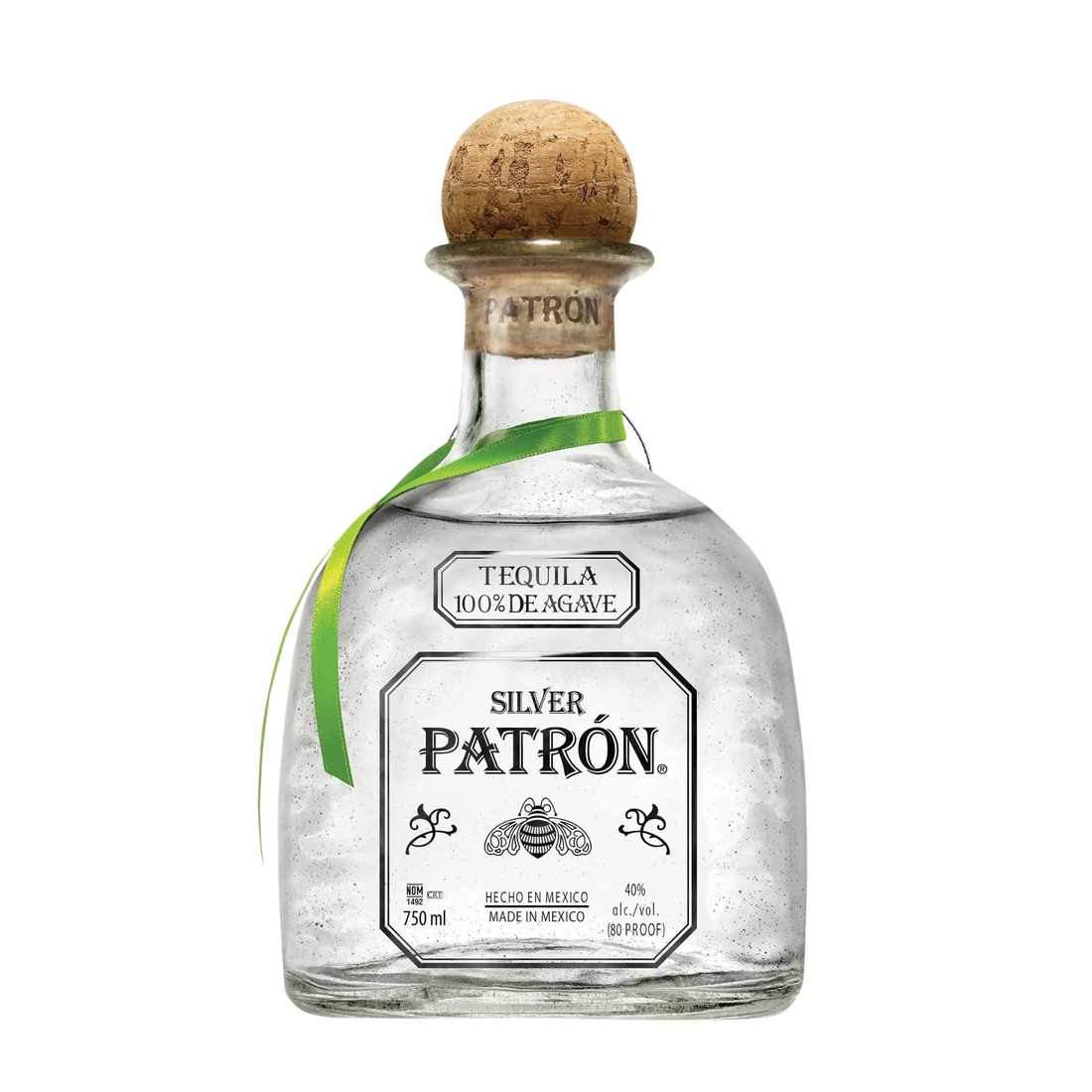 Front view of Patron Silver Tequila bottle with a clear liquid and cork stopper