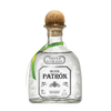 Front view of Patron Silver Tequila bottle with a clear liquid and cork stopper