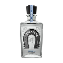 Front view of Tequila Herradura Silver bottle with a clear body and silver label on a white background