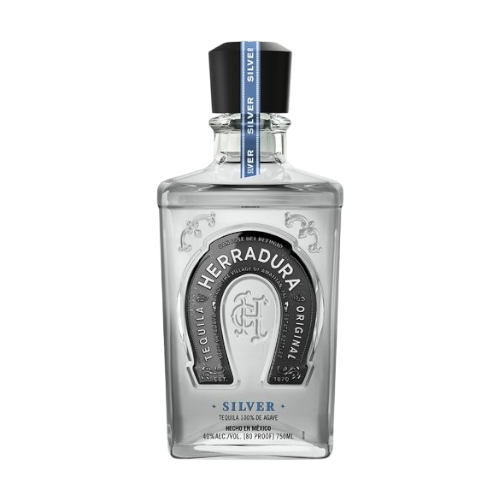 Front view of Tequila Herradura Silver bottle with a clear body and silver label on a white background