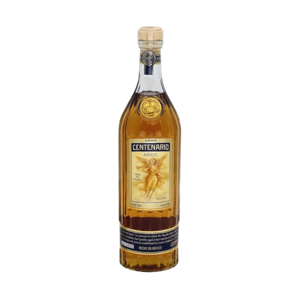 Front view of Gran Centenario Anejo Tequila bottle with a cork stopper and gold label on a white background
