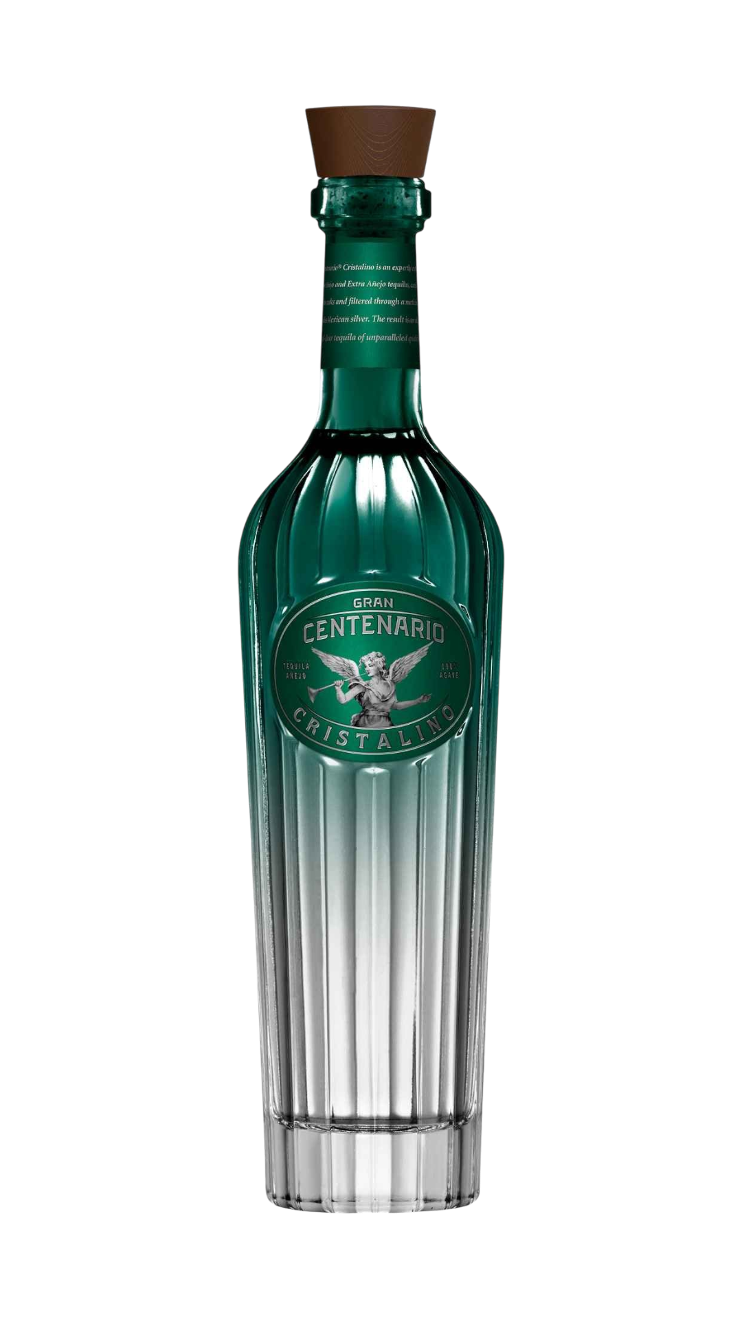 Front view of Gran Centenario Cristalino Anejo Tequila bottle with a tapered shape and wooden cork.