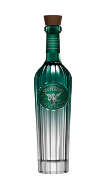 Front view of Gran Centenario Cristalino Anejo Tequila bottle with a tapered shape and wooden cork.