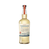 Front view of Teremana Tequila Reposado bottle with red cap and clear liquid on a white background