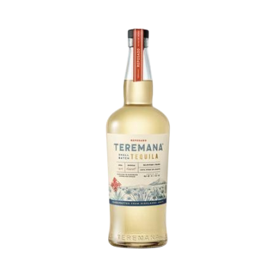 Front view of Teremana Tequila Reposado bottle with red cap and clear liquid on a white background