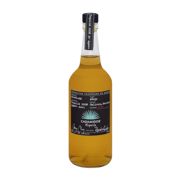 Front view of Casamigos Anejo Tequila bottle with a gold and black label.
