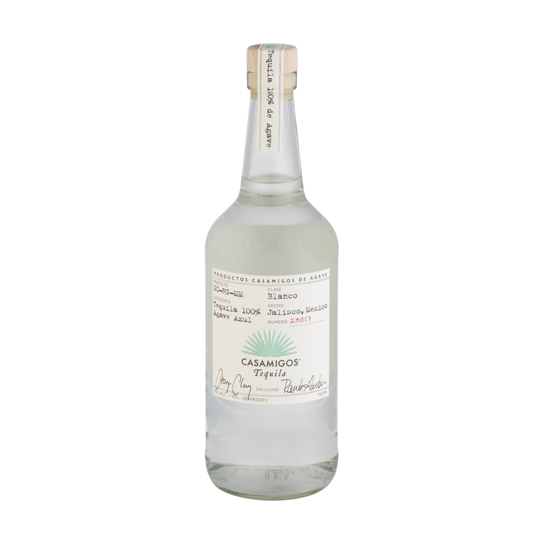 Front view of Casamigos Blanco Tequila in a clear glass bottle with a cork stopper