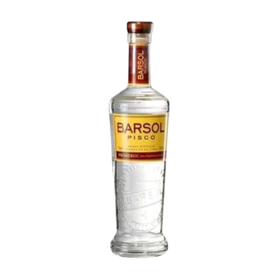 Front view of a clear liquor bottle with a gold cap and label on a white background