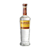 Front view of a clear liquor bottle with a gold cap and label on a white background