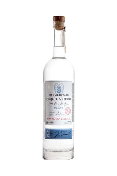 Front view of Tequila Ocho Plata in a clear glass bottle with a wooden cork.