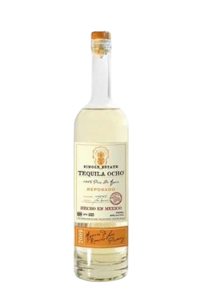 Front view of Tequila Ocho Reposado bottle with orange cap and label on a white background