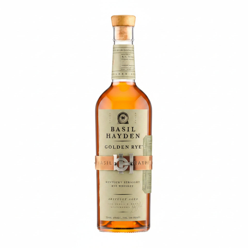 Front view of the Basil Hayden Golden Rye Whiskey bottle with a cork top and gold label on a white background