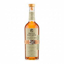 Front view of the Basil Hayden Golden Rye Whiskey bottle with a cork top and gold label on a white background