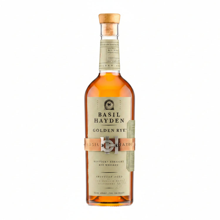 Front view of the Basil Hayden Golden Rye Whiskey bottle with a cork top and gold label on a white background