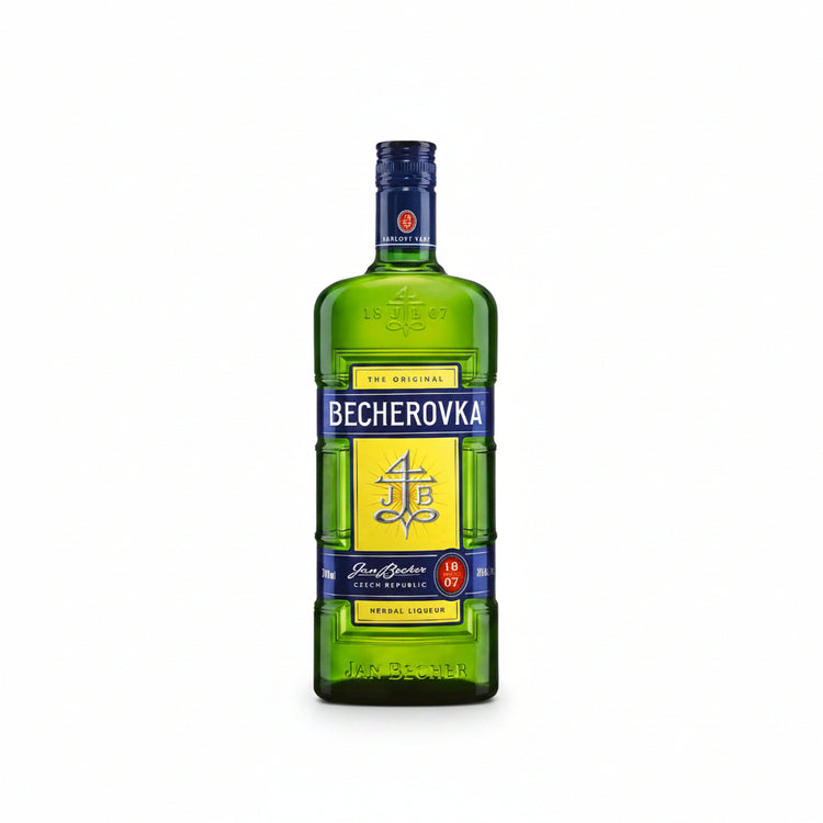 Front view of a green bottle of Becherovka herbal liqueur with a yellow and blue label.