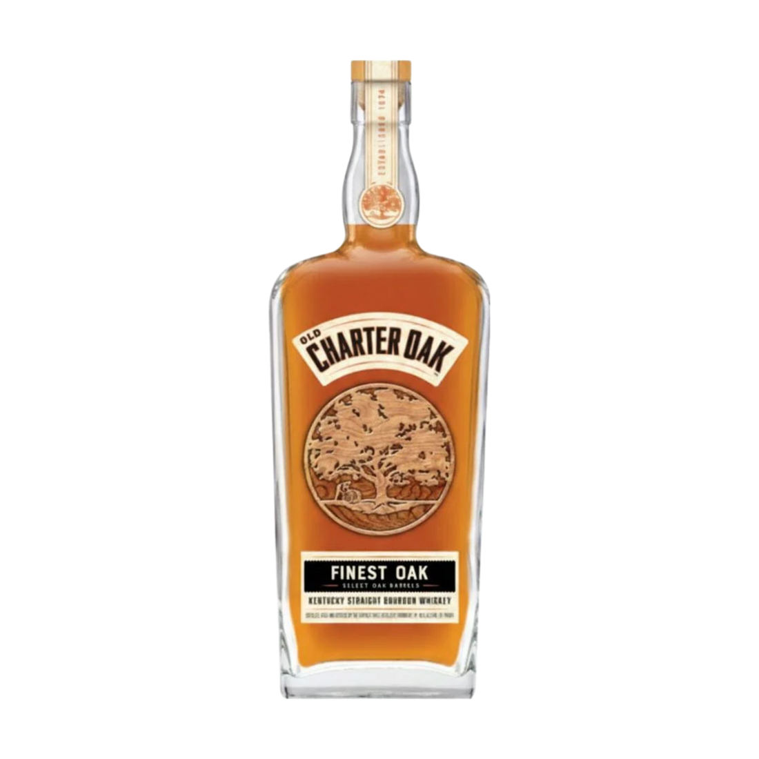 304 Liquor Old Charter Oak Finest Oak Kentucky straight bourbon whiskey in a clear glass bottle with a wood label.