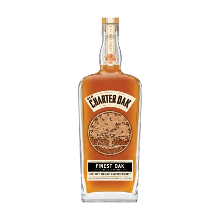304 Liquor Old Charter Oak Finest Oak Kentucky straight bourbon whiskey in a clear glass bottle with a wood label.
