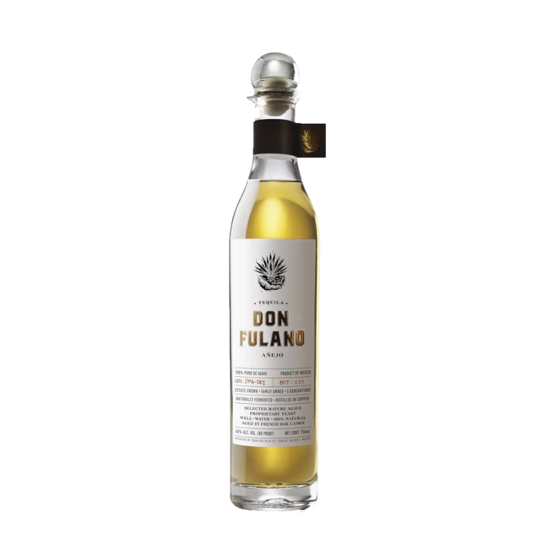 304 Liquor Don Fulano Anejo Tequila in a clear glass bottle with a cork stopper and detailed product label