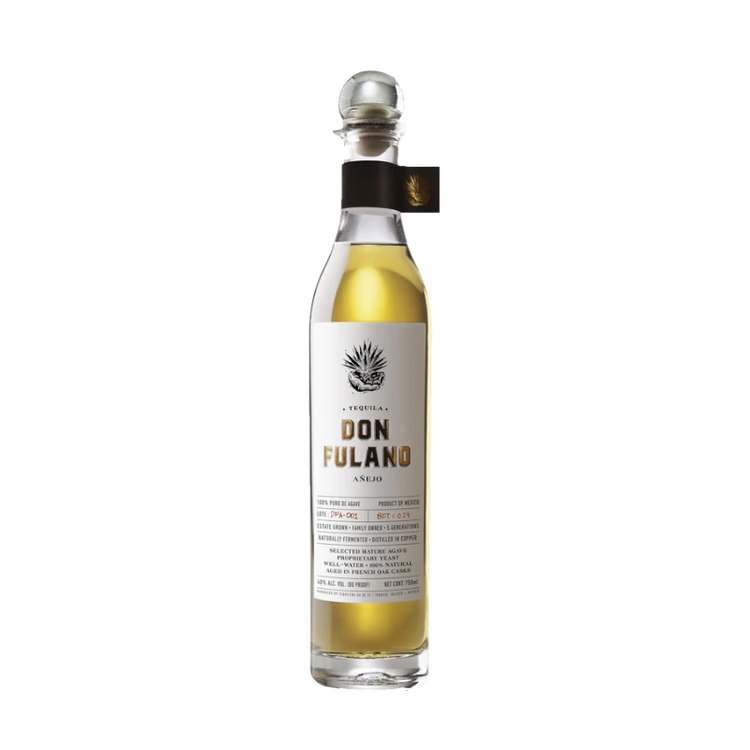 304 Liquor Don Fulano Anejo Tequila in a clear glass bottle with a cork stopper and detailed product label
