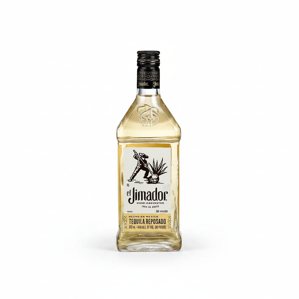 Front view of El Jimador Reposado Tequila bottle with a black cap on a white background.