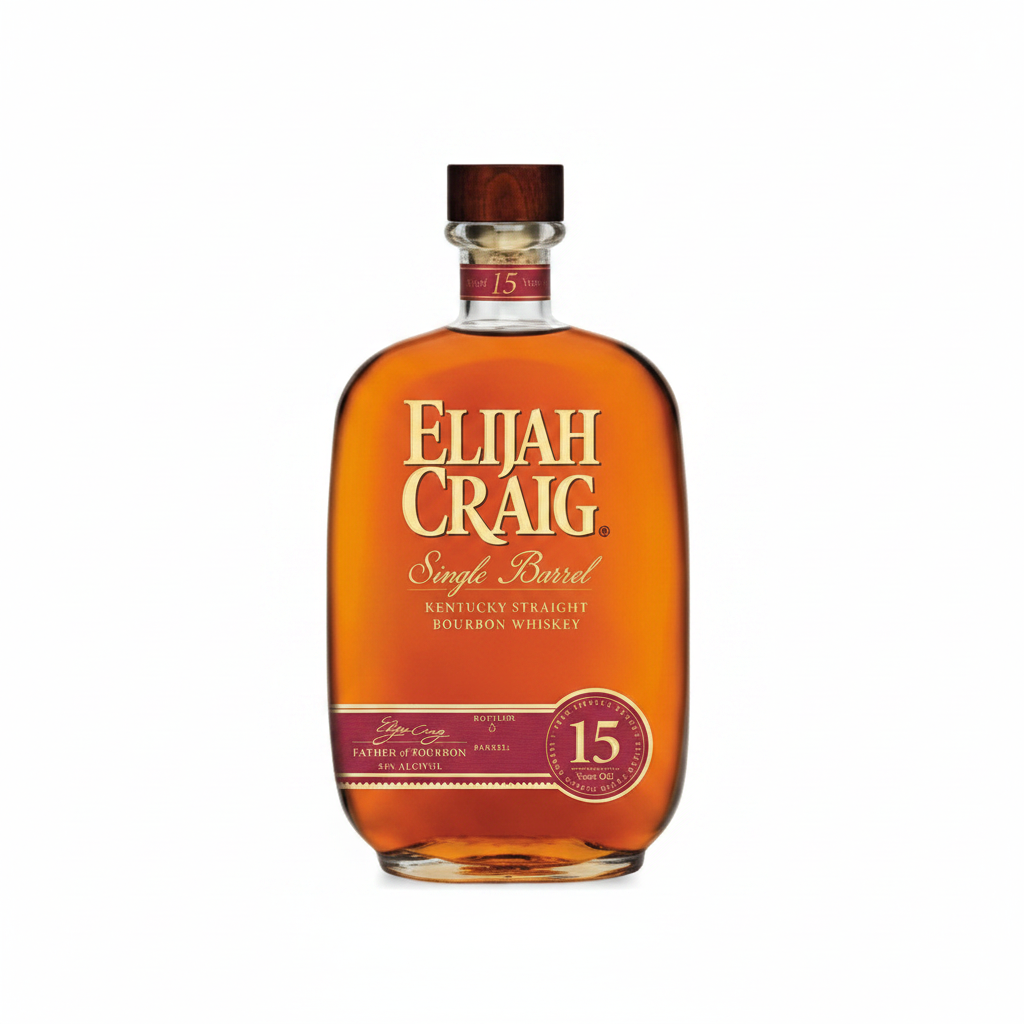 Front view of Elijah Craig 15Yr Single Barrel Bourbon bottle with an amber color and cork stopper