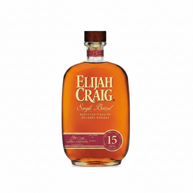 Front view of Elijah Craig 15Yr Single Barrel Bourbon bottle with an amber color and cork stopper
