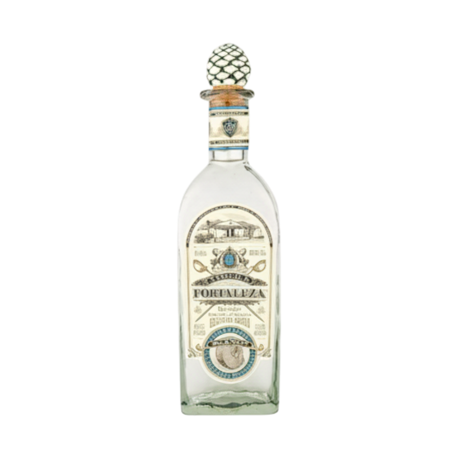 Front view of Fortaleza Blanco Tequila bottle with decorative label and cork stopper