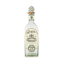 Front view of Fortaleza Blanco Tequila bottle with decorative label and cork stopper