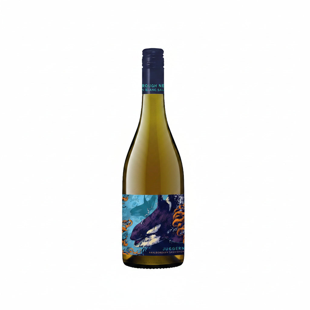 Front view of the Juggernaut Sauvignon Blanc bottle with a decorative label on a white background