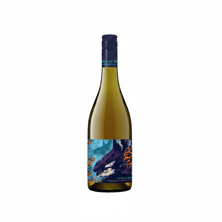 Front view of the Juggernaut Sauvignon Blanc bottle with a decorative label on a white background