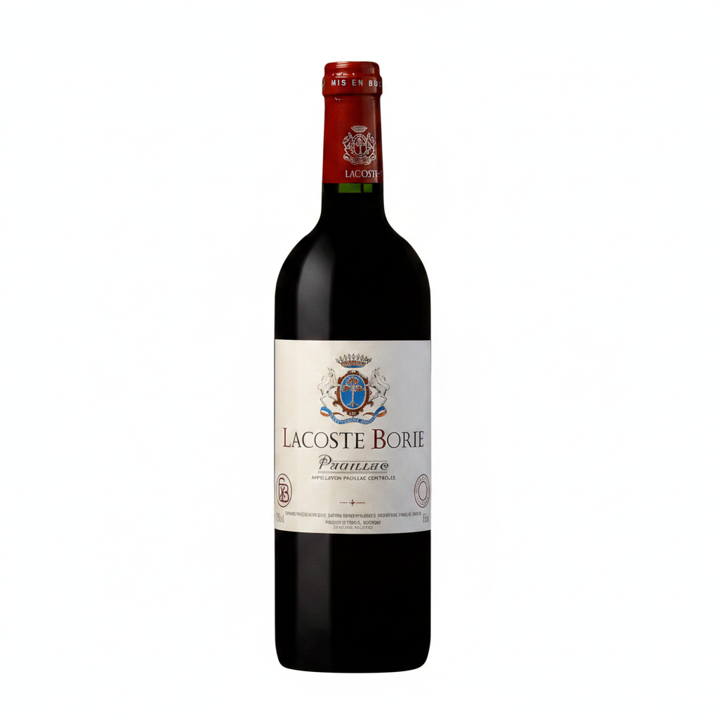 Front view of the red wine bottle with a label design on a white background