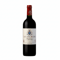 Front view of the red wine bottle with a label design on a white background