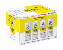 304 Liquor Lucky One hard vodka lemonade variety 12 pack featuring original, peach, raspberry, and blueberry cans