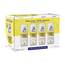 304 Liquor Lucky One Hard Vodka Lemonade 8-pack variety box featuring four fruit flavors with dog-themed branding.