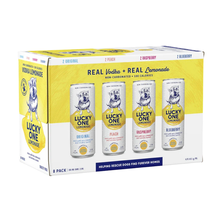 304 Liquor Lucky One Hard Vodka Lemonade 8-pack variety box featuring four fruit flavors with dog-themed branding.
